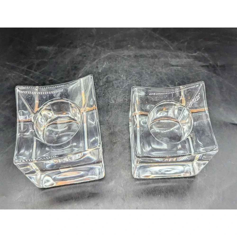 Set of 2 Orrefors Crystal Polaris Clear Votive Candle Holders Square Ice‎